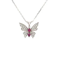 14K White Gold Ruby and Diamond Butterfly Necklace  - 18"