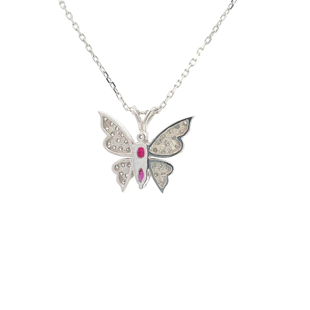 14K White Gold Ruby and Diamond Butterfly Necklace  - 18"