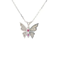 14K White Gold Ruby and Diamond Butterfly Necklace  - 18"