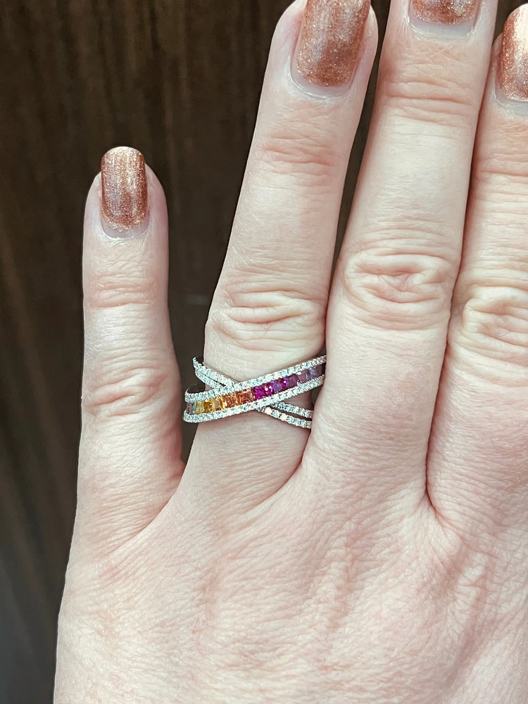 14K White Gold 1.70 cttw Multicoloured Sapphire and White Diamond Ring - 5