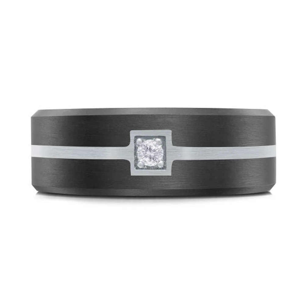 14K White Gold and Carbon-Fiber and 0.05cttw Diamond Mens Band