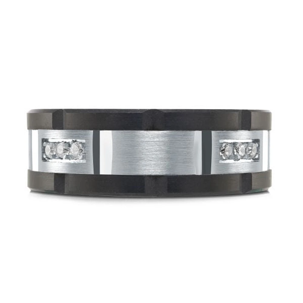 14K White Gold and Carbon-Fiber and 0.24cttw Diamond Mens Band