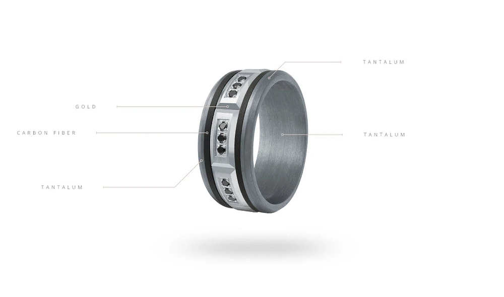 14K White Gold, Tantalum, Carbon-Fiber and 0.14cttw Black Diamond Mens Band