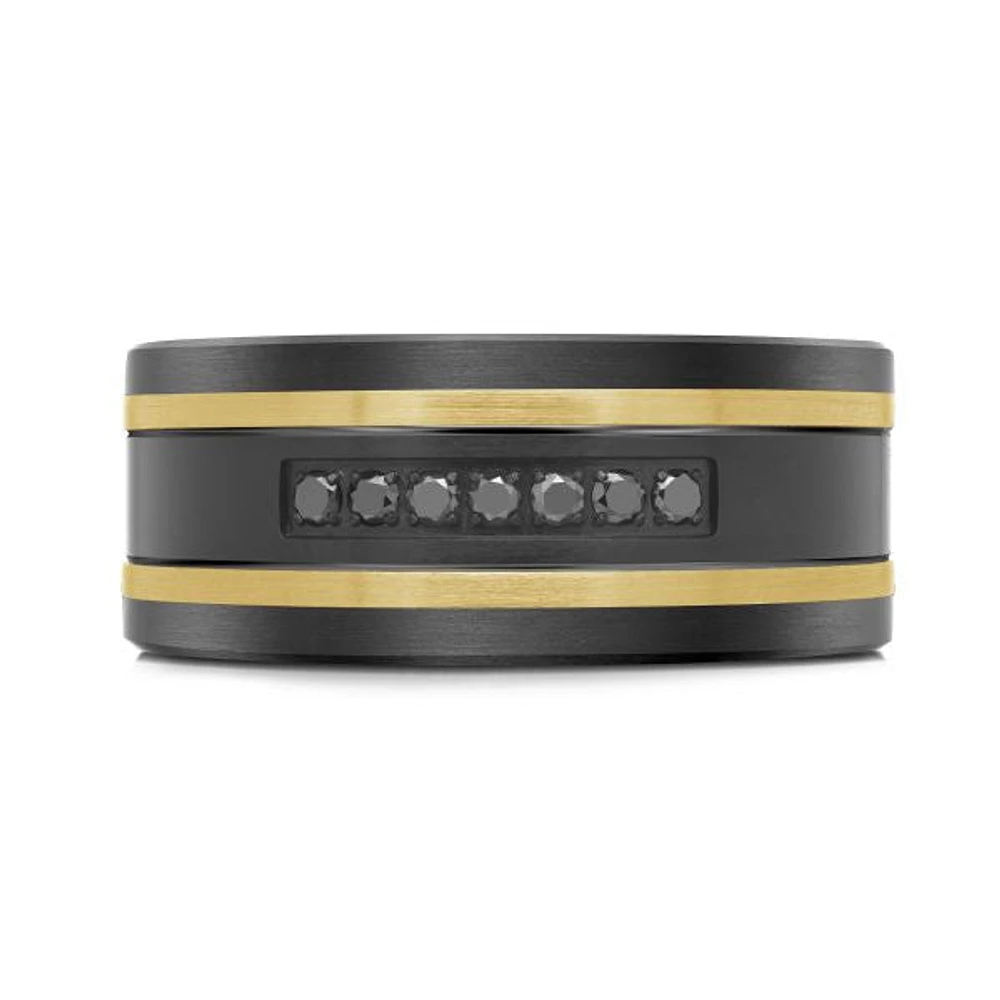 14K Yellow Gold, Titanium, Carbon-Fiber and 0.11cttw Black Diamond Mens Band