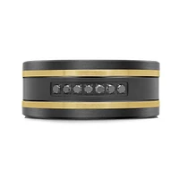 14K Yellow Gold, Titanium, Carbon-Fiber and 0.11cttw Black Diamond Mens Band