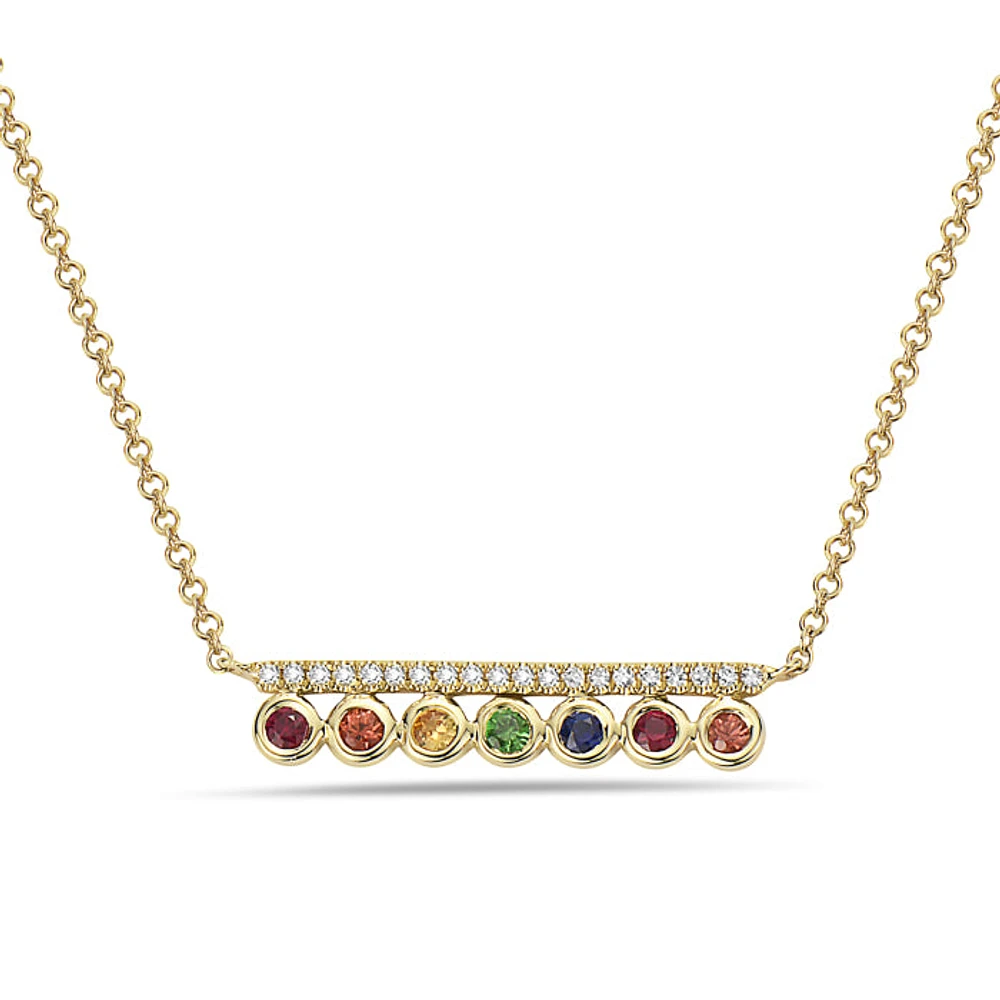14K Yellow Gold Multi Stone and Diamond Pendant, 18"