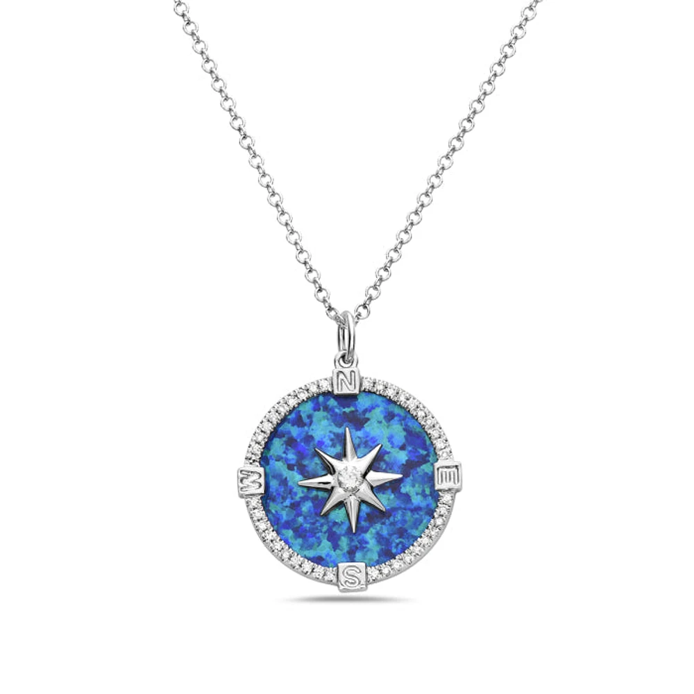 14K White Gold and 0.12cttw Diamond with Opal Compass Necklace, 18 inches
