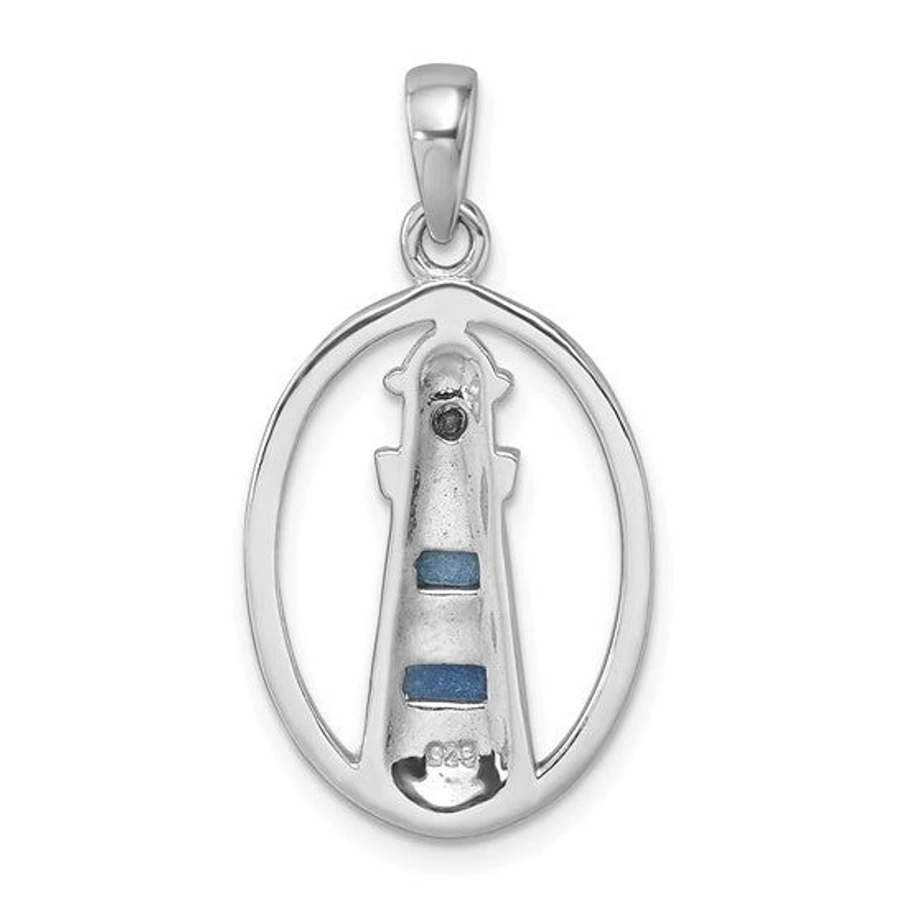 Sterling Silver Rhodium-Plated Polished Oval Adventurine and CZ Lighthouse Pendant
