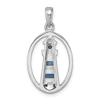 Sterling Silver Rhodium-Plated Polished Oval Adventurine and CZ Lighthouse Pendant