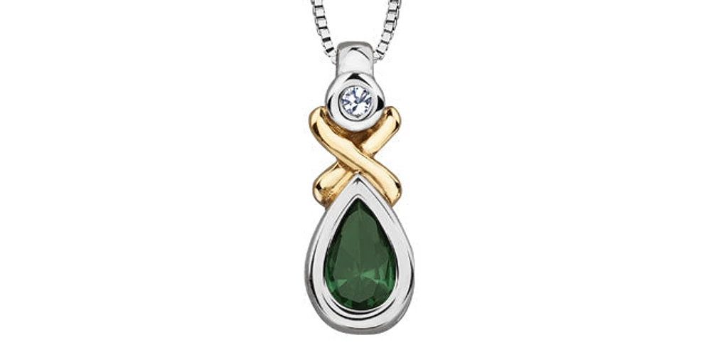 10K White and Yellow Gold 0.015 cttw Diamond and Emerald Pendant, 18"
