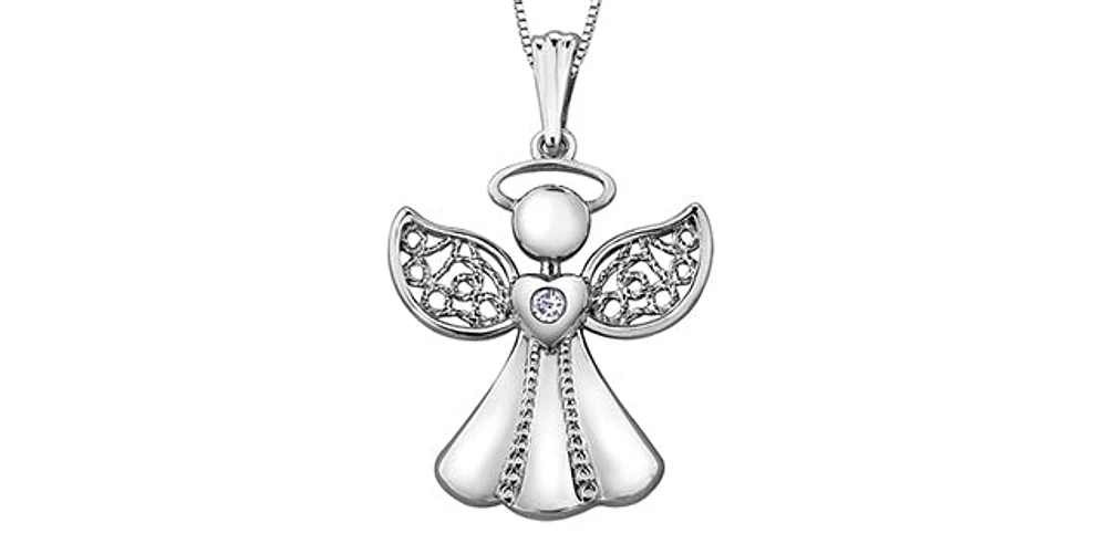 10K White Gold 0.015 cttw  Diamond  Angel Pendant, 18"
