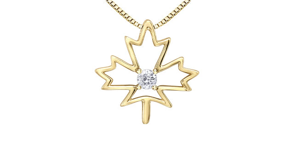 10K  Yellow Gold 0.08cttw Canadian Diamond Maple Leaf Necklace, 18"