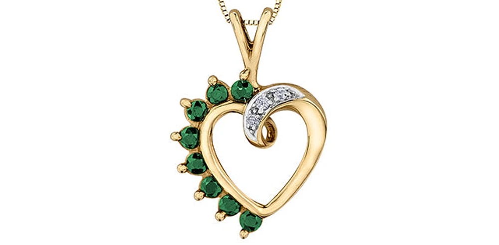 10K Yellow Gold 0.03 cttw Diamond and Emerald Heart Pendant, 18"