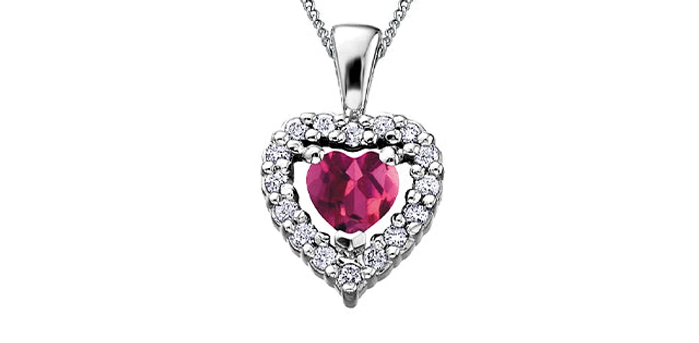 10K White Gold Pink Tourmaline and Diamond Heart Necklace, 18"