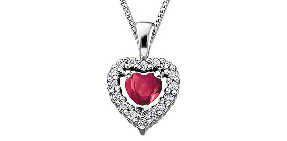 10K White Gold Ruby and Diamond Heart Necklace, 18"