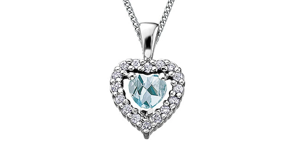 10K White Gold Aquamarine and Diamond Heart Necklace, 18"