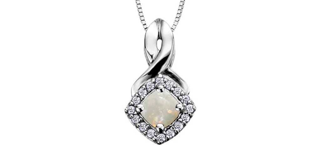 10K White Gold Opal & Diamond Pendant