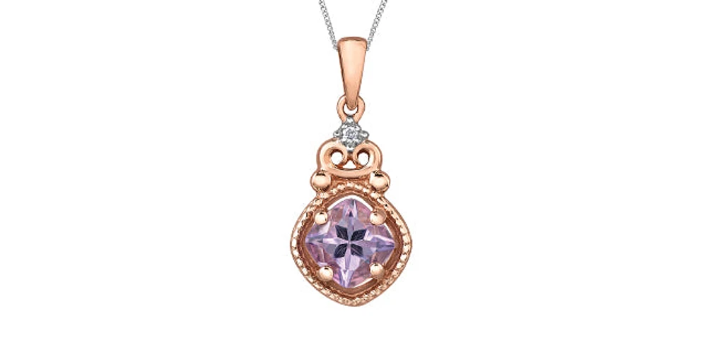 10K White & Rose Gold Pink Amethyst & Diamond Pendant
