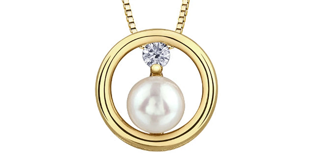 10K Yellow Gold 0.06cttw Canadian Diamond and Pearl Pendant, 18"