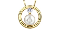 10K Yellow Gold 0.06cttw Canadian Diamond and Pearl Pendant, 18"