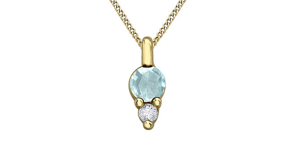 10K Yellow Gold 3.0mm Round Cut Aquamarine & 0.017cttw Diamond Pendant - 18"