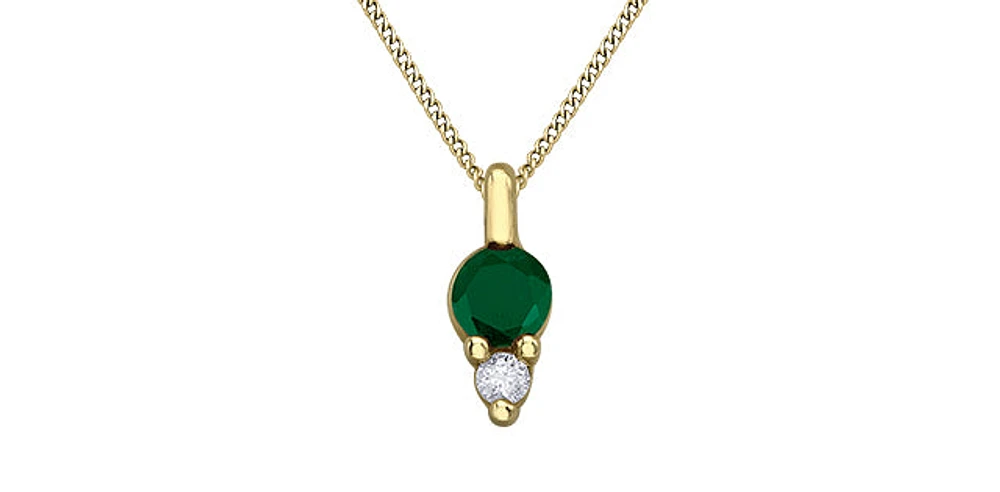 10K Yellow Gold Round Cut Emerald and Diamond Pendant, 18"