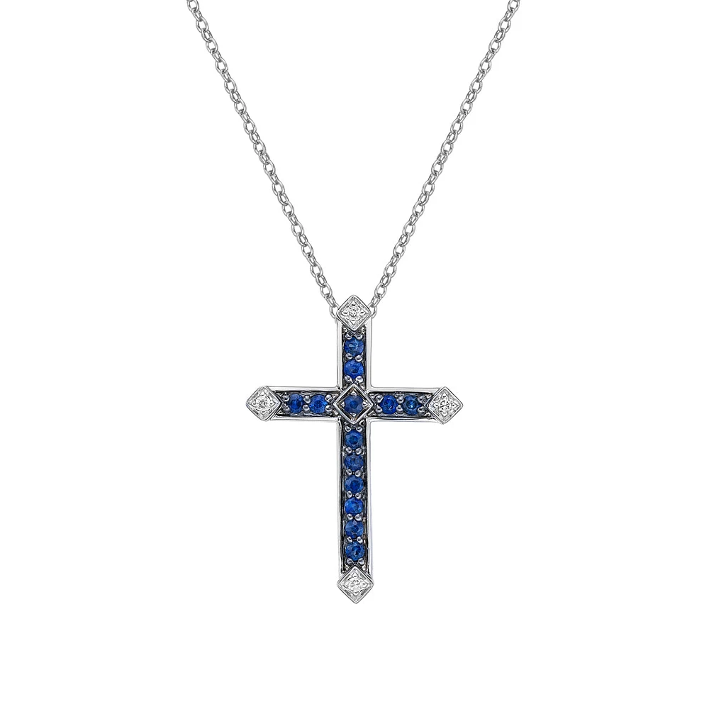 10K White Gold Sapphire & diamond cross pendant