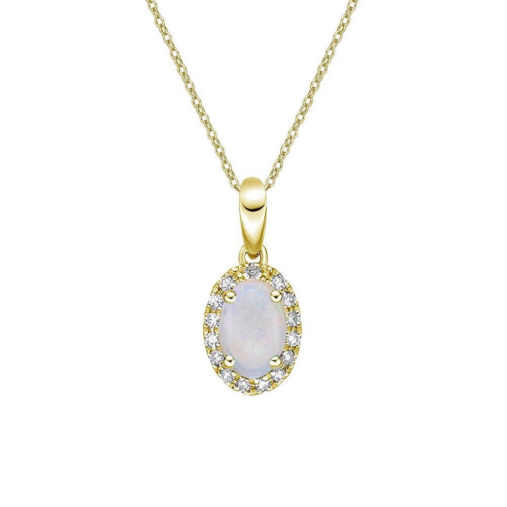10K Yellow Gold Prong-set White Opal Pendant with Diamond Halo