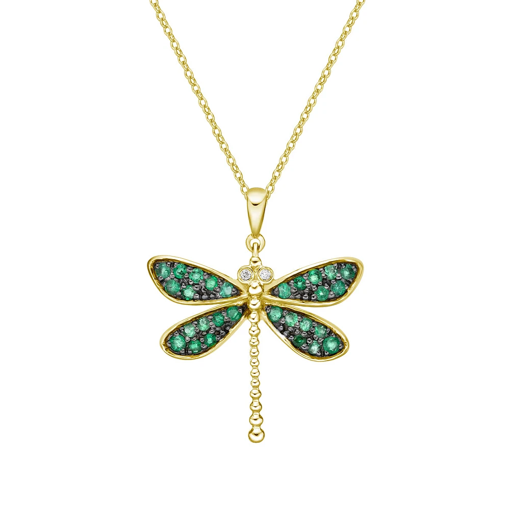 10K Yellow Gold Emerald & diamond dragonfly pendant
