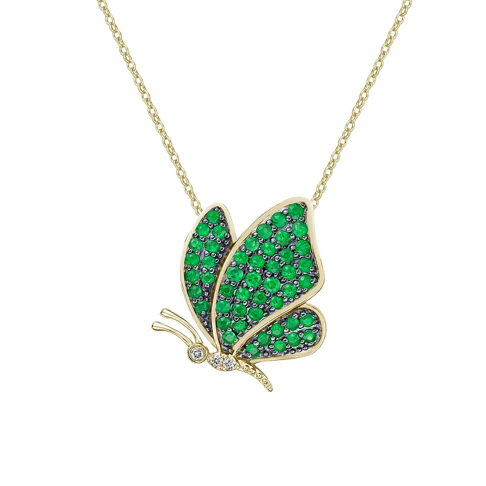 10K Yellow Gold Pave-set Emerald & diamond butterfly pendant