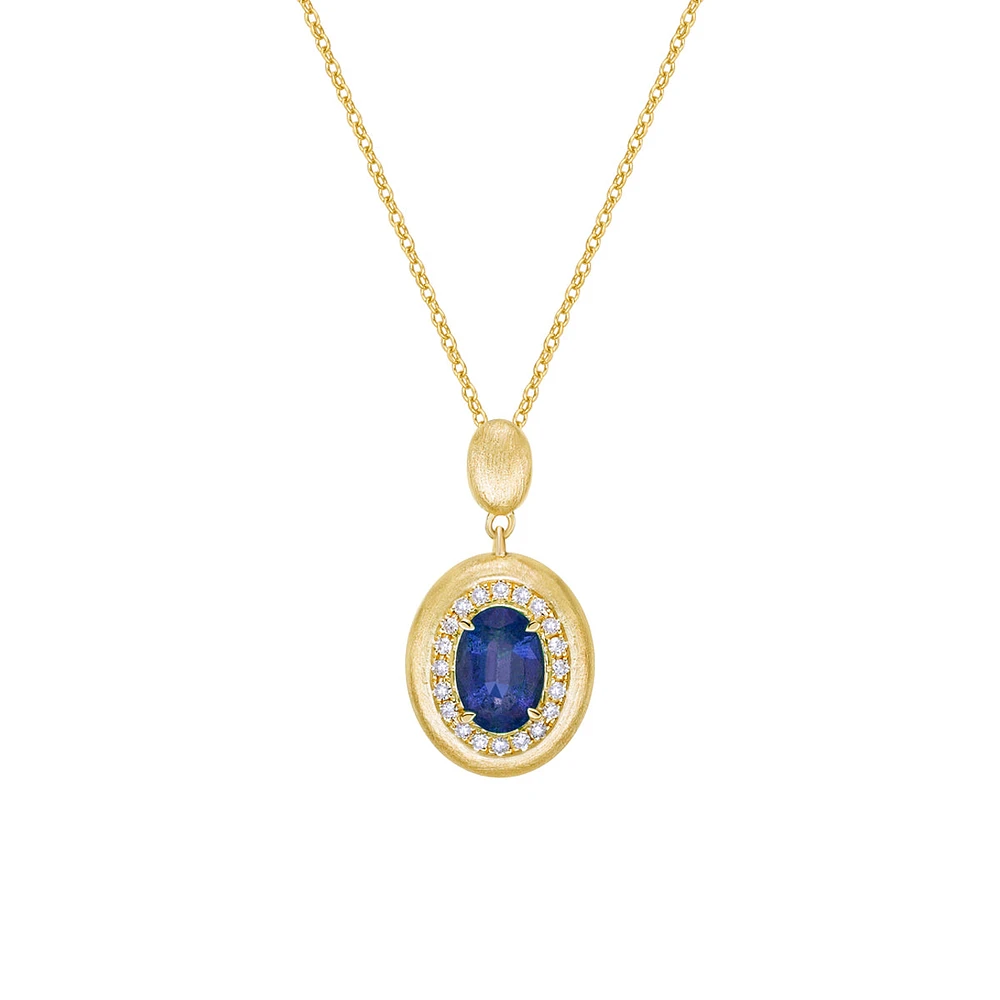 14K Yellow Gold Brushed Sapphire & Diamond pendant