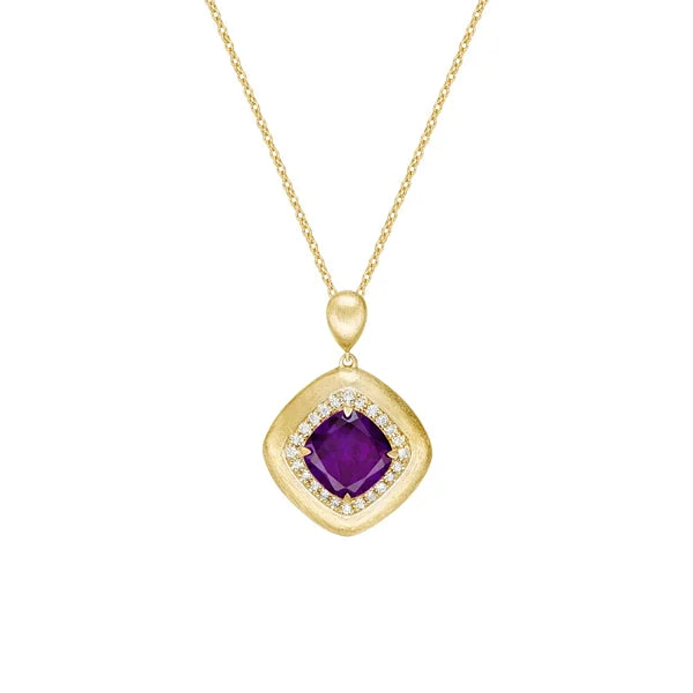 10K Yellow Gold Brushed Amethyst & Diamond pendant