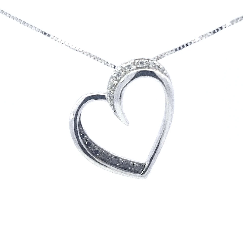 10K White Gold 0.09 cttw Black Diamond Heart Pendant, 18"