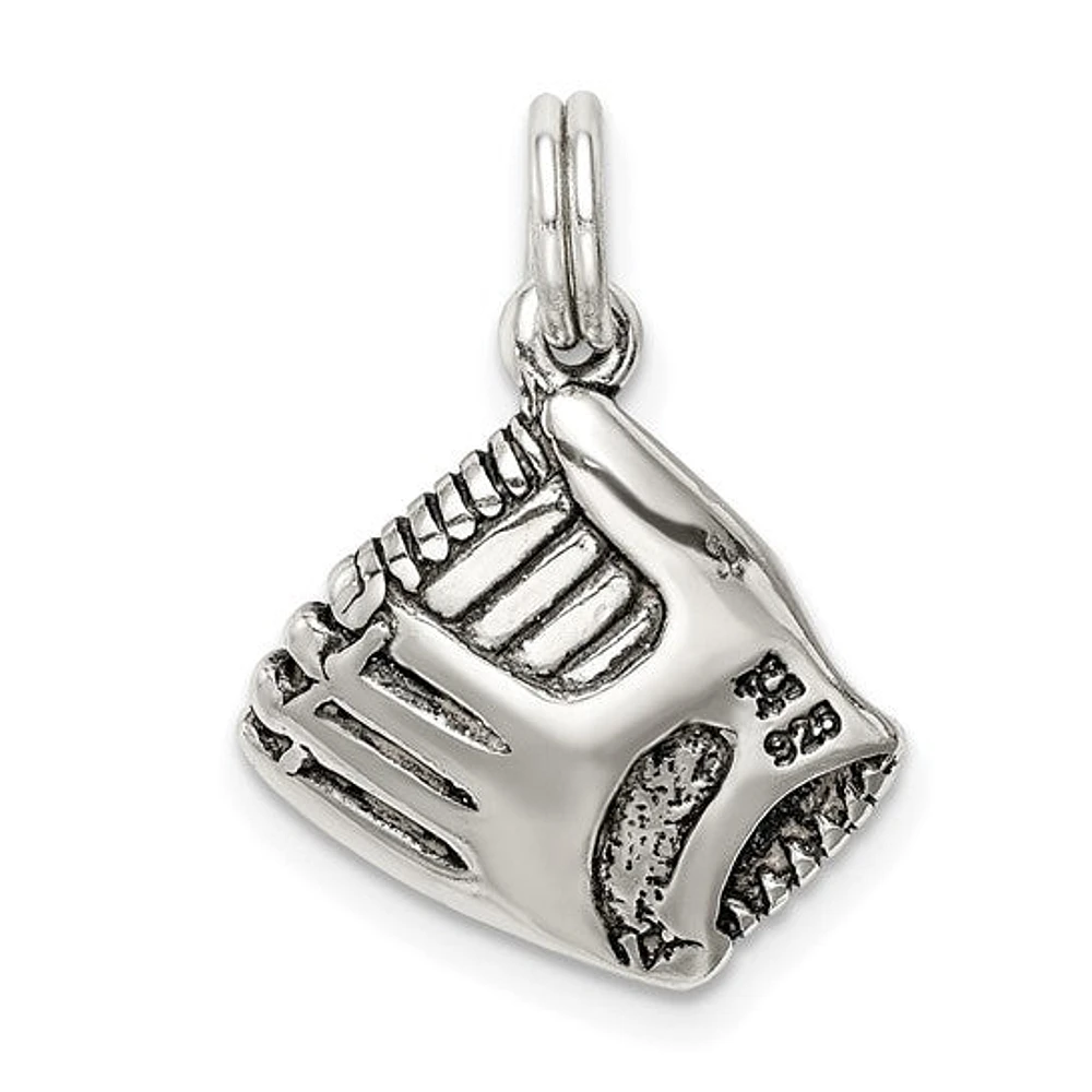 925 Sterling Silver Antique Finish Baseball Glove with Simulated Pearl Charm - 15.45mm x 15mm