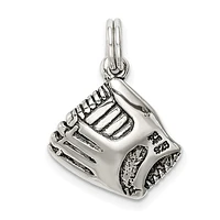 925 Sterling Silver Antique Finish Baseball Glove with Simulated Pearl Charm - 15.45mm x 15mm