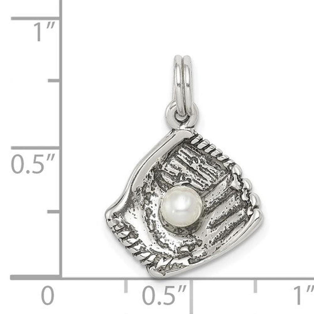925 Sterling Silver Antique Finish Baseball Glove with Simulated Pearl Charm - 15.45mm x 15mm