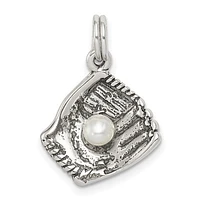 925 Sterling Silver Antique Finish Baseball Glove with Simulated Pearl Charm - 15.45mm x 15mm
