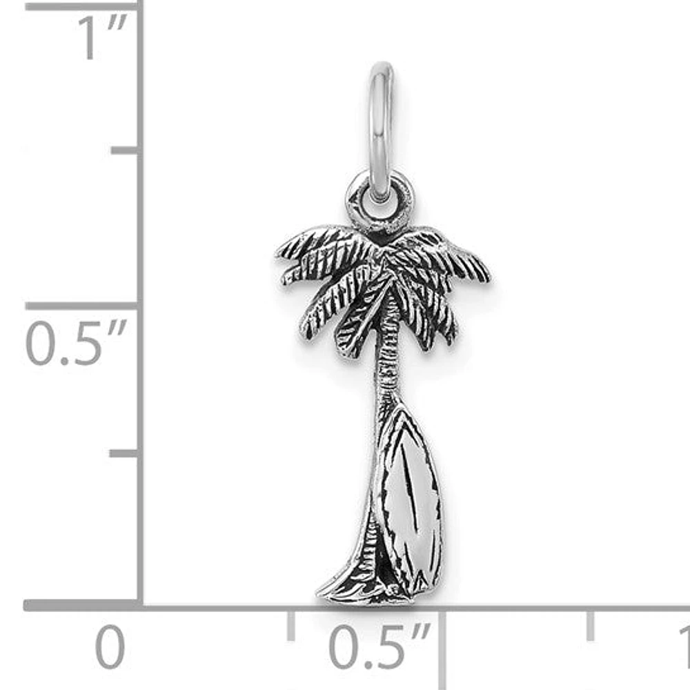 Sterling Silver Rhodium-plated Antiqued Palm Tree and Surfboard Pendant
