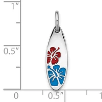 Sterling Silver Rhodium-plated Polished Enamel Flower Surfboard Pendant