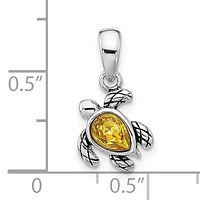 Sterling Silver Rhodium-plated Polished and Antiqued Crystal November Birthstone Turtle Pendant