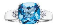 10K White Gold  9mm Blue Topaz and 0.10cttw Diamond Ring - Size 6