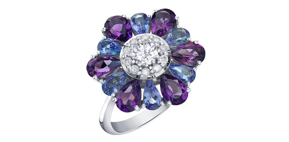 10K White Gold Amethyst, Tanzanite & Diamond Ring