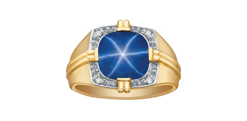 10K Gold Synthetic Star Sapphire and Diamond Gents Ring - /