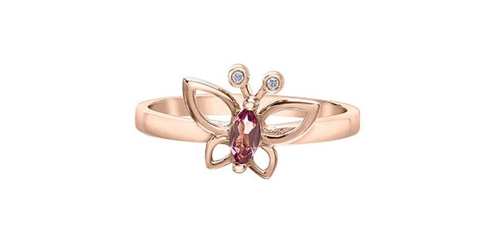 10K Rose Gold Pink Tourmaline and Diamond Butterfly Ring