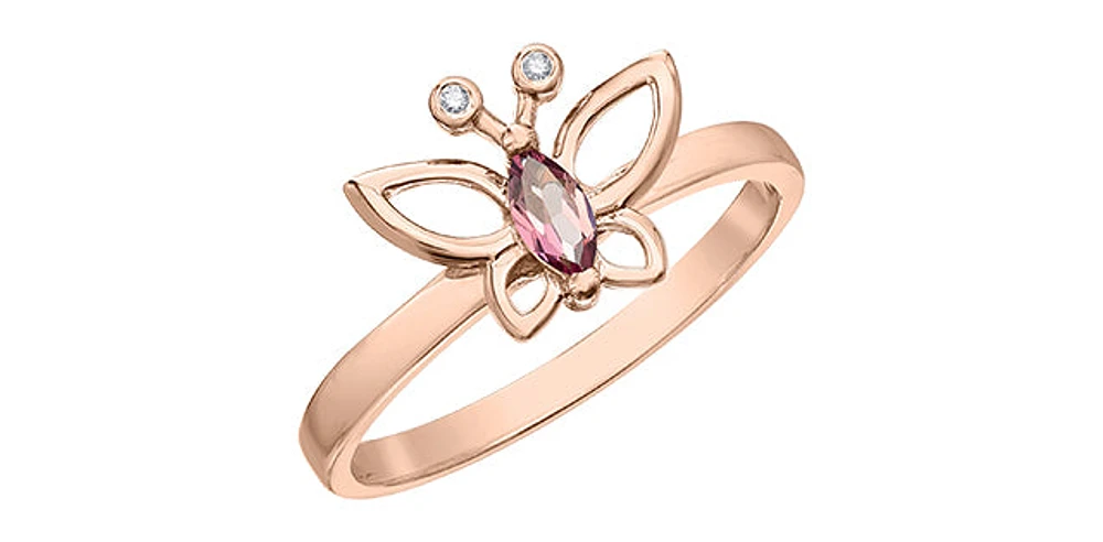 10K Rose Gold Pink Tourmaline and Diamond Butterfly Ring