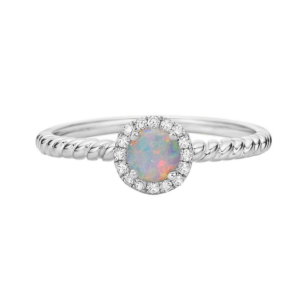 10K White Gold White Opal ring with Diamond Halo