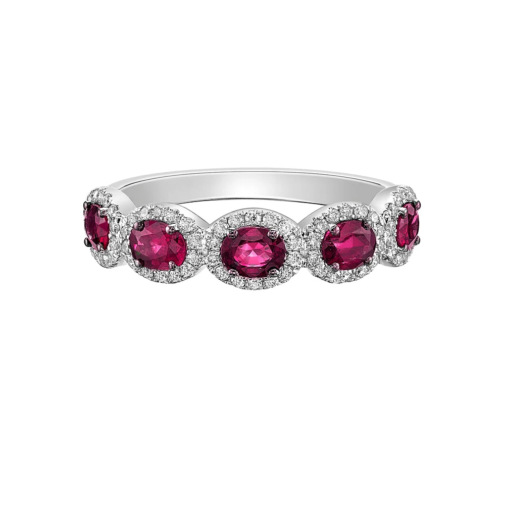 14K White Gold Ruby ring with diamond halo