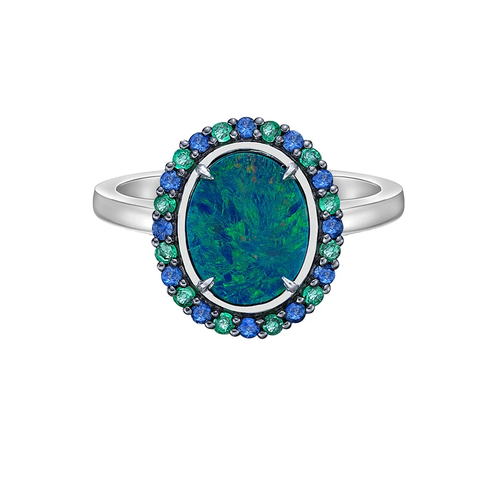 10K White Gold Australian Opal doublet ring with Emerald & Sapphire Halo