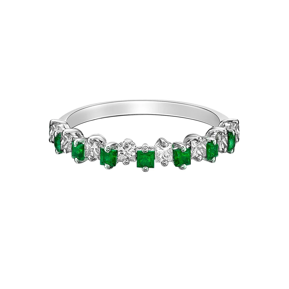 10K White Gold Prong-set Emerald & Diamond band