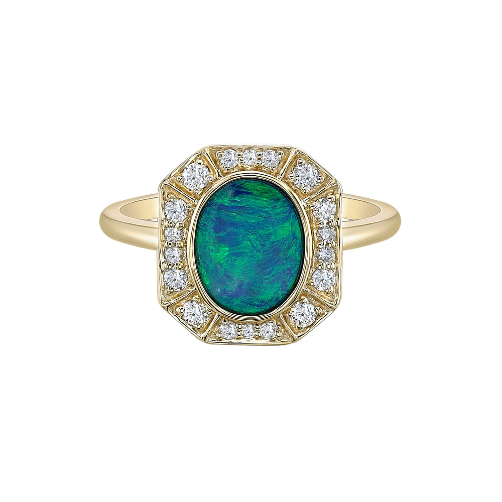 10K Yellow Gold Bezel-set Australian Opal doublet ring with Diamond Halo